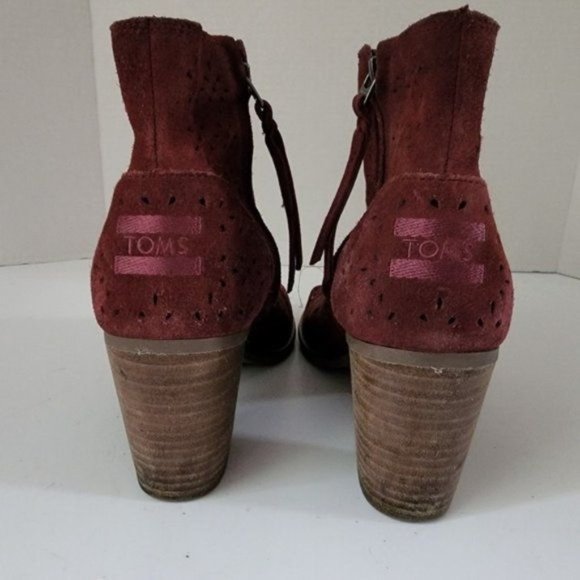 Tom's Majorca Peep Toe Perforated Ankle Booties Burgundy Size 9.5 Suede - Picture 6 of 8